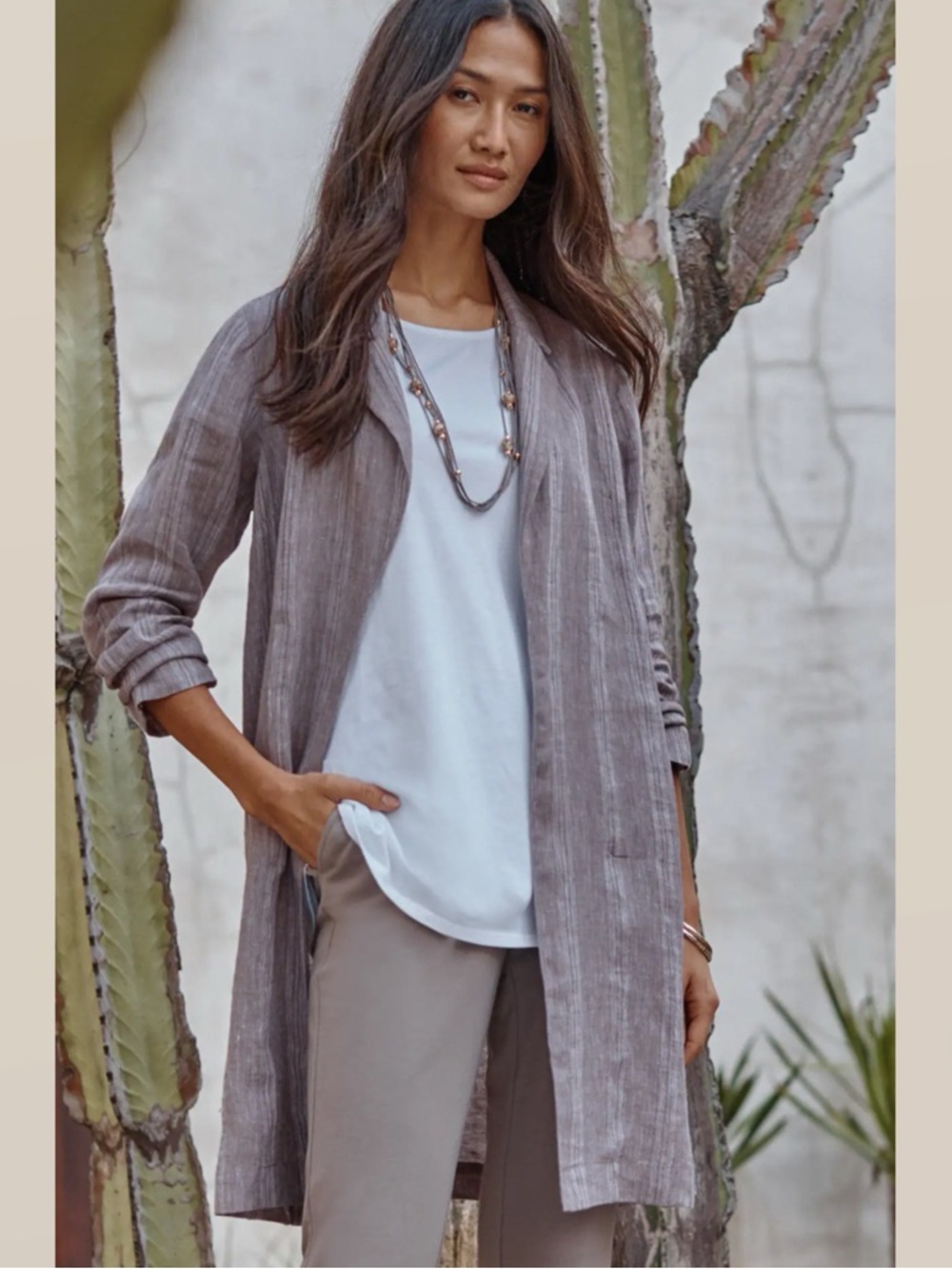 J. JILL PUREJILL 100% LINEN DRIFTWOOD STRIPED OPEN FRONT SUMMER DUSTER JACKET